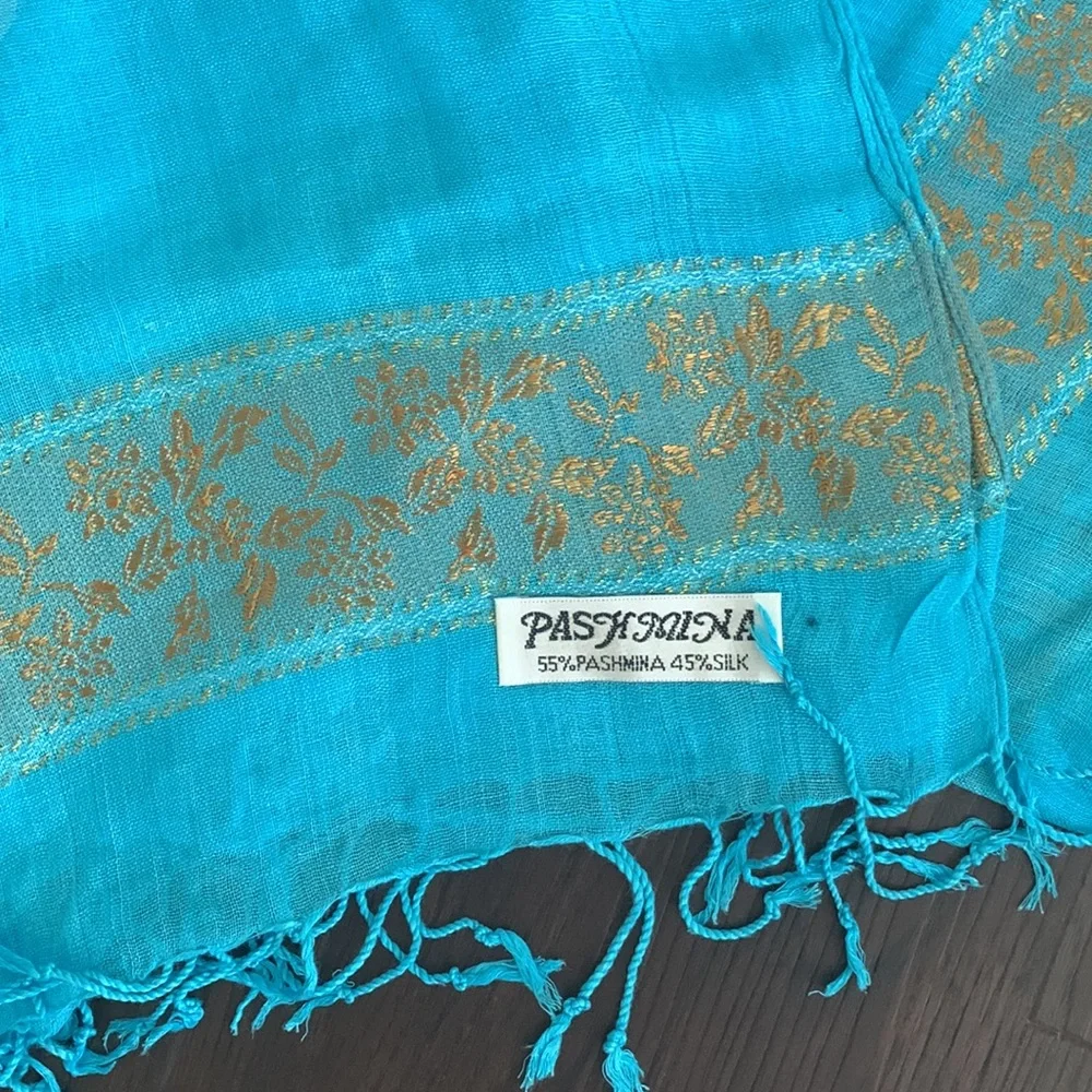 PASHMINA SILK SCARF BLUE GOLD THREAD EMBROIDERED WRAP NEW